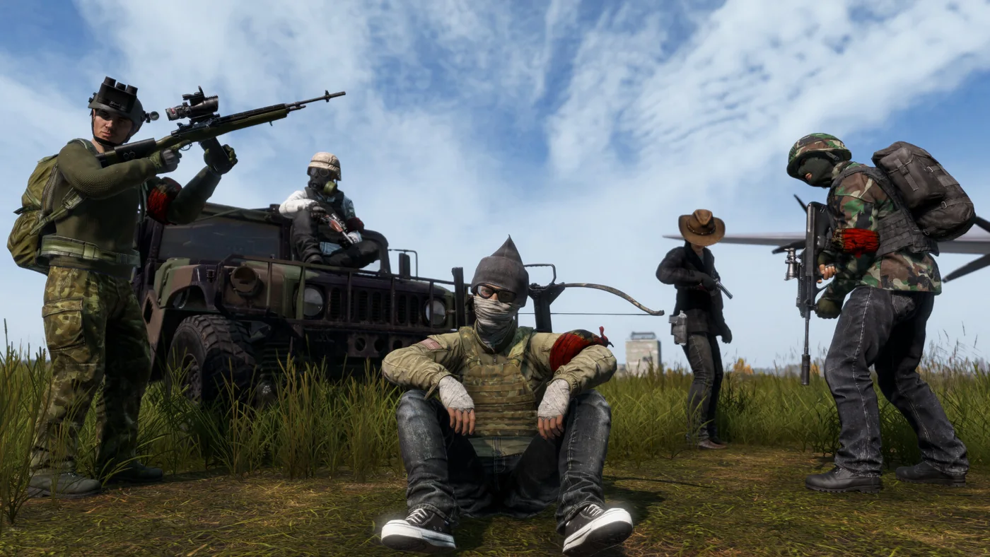 DayZ squad with rifles and a military Humvee